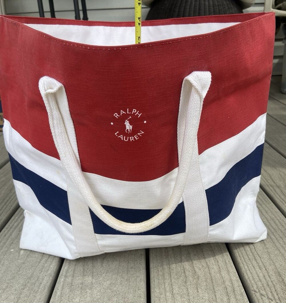 Ralph Lauren Striped Rugby Canvas Beach HUGE TOTE Bag Preppy Old Money Teacher - Picture 9 of 16